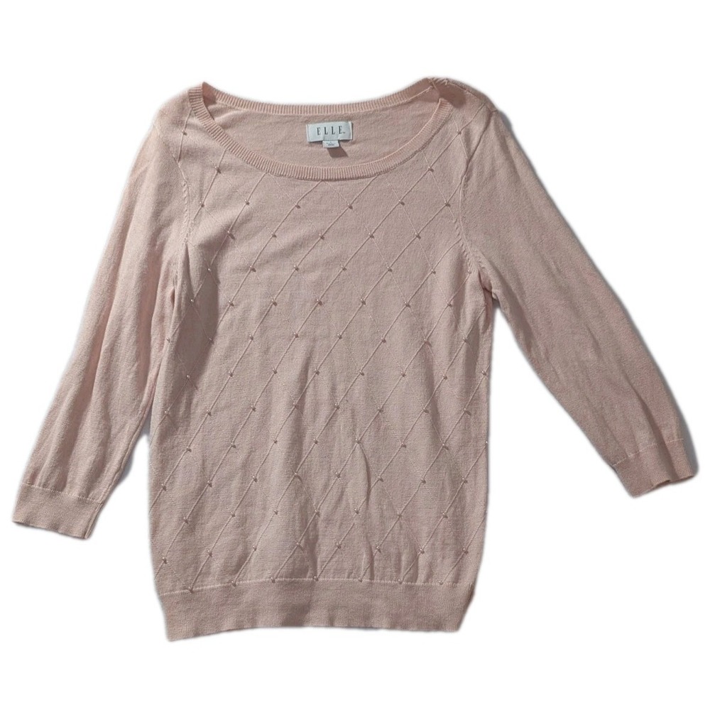 ELLE Blush Pink Embellished Knit Sweater Womens Small 3/4 Sleeve‎
